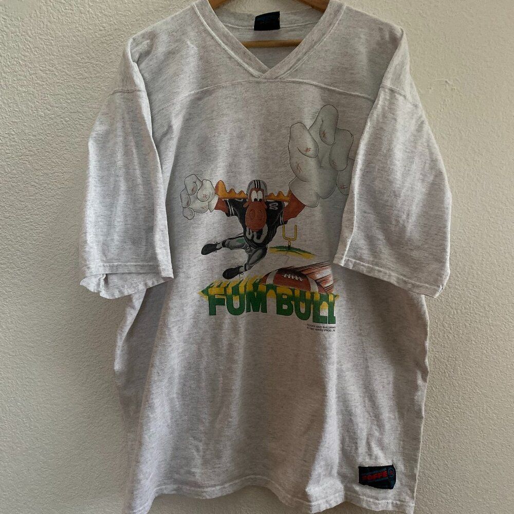 VTG 90s Rocky & Bullwinkle Fum Bull Football 1991 V-Neck T-Shirt 00 Soffe XL
